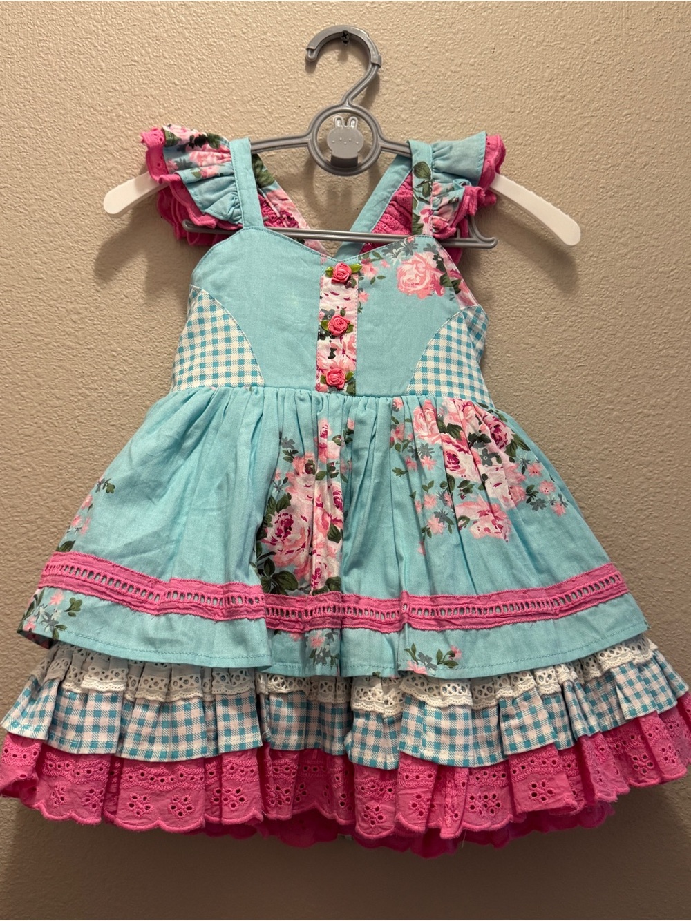 Girls Aqua and Pink Floral Tiered Summer Dress - Cute Ruffle Detail